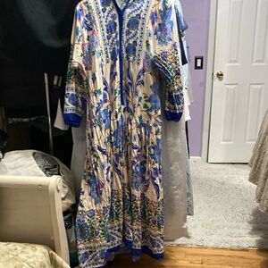 Floral Long Sleeve Dress - Royal Blue and Cream